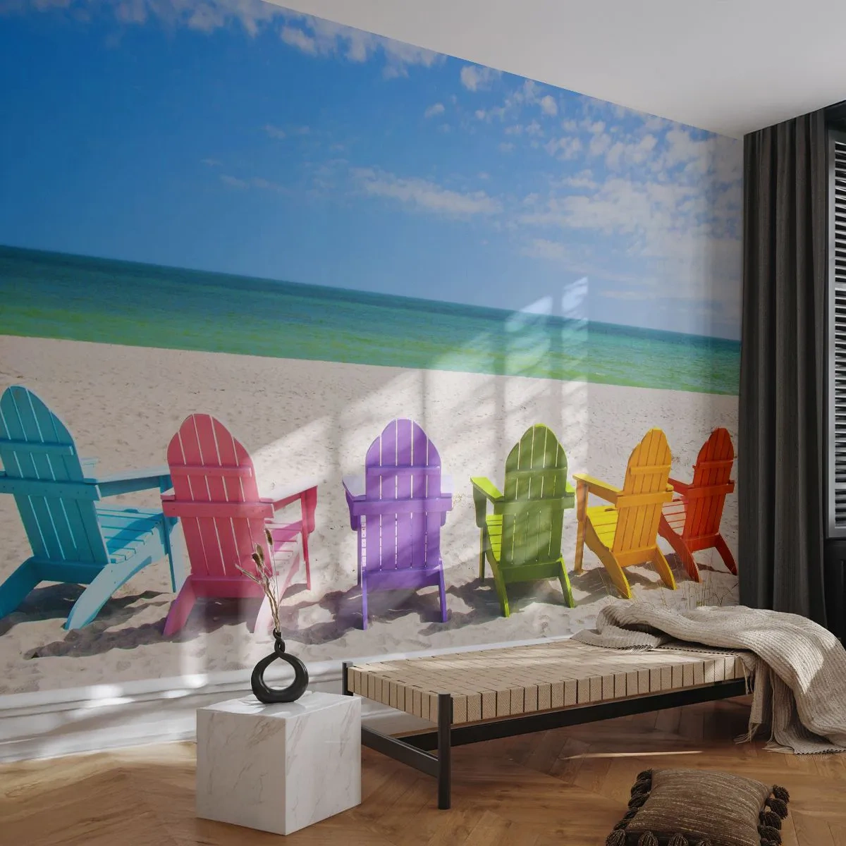 Zelfklevend Fotobehang Deluxe Sticker - Regenboog strand - Landschap, Strand, Ligstoelen - 250x175 cm
