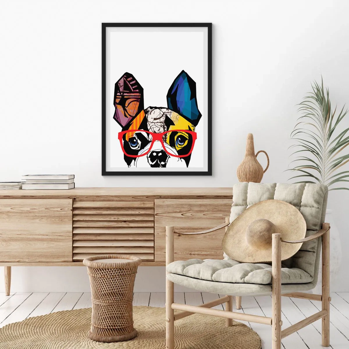 Poster in een zwarte lijst - Kleurrijk portret van een hond met een bril - 50x70cm - intellectueel - Moderne wanddecoratie voor woonkamer en slaapkamer ARTTOR