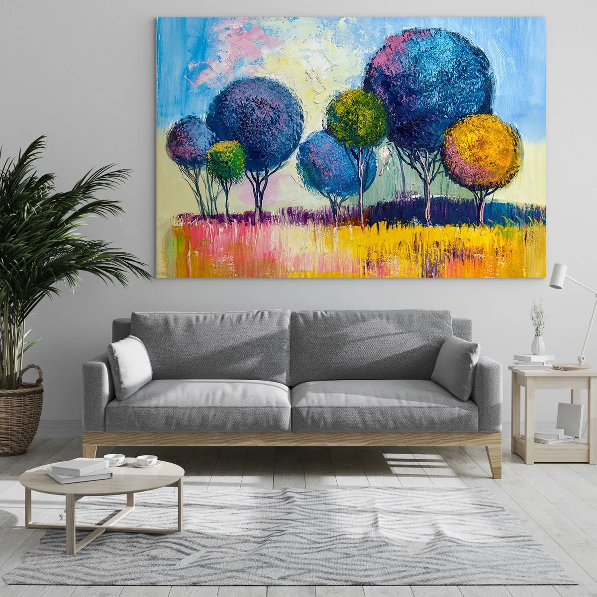 Schilderen op glas - Kleurrijke bomen tegen een abstracte landschapsachtergrond - 70x50cm - Bol - de vorm van het ideaal - Moderne wanddecoratie voor woonkamer en slaapkamer ARTTOR