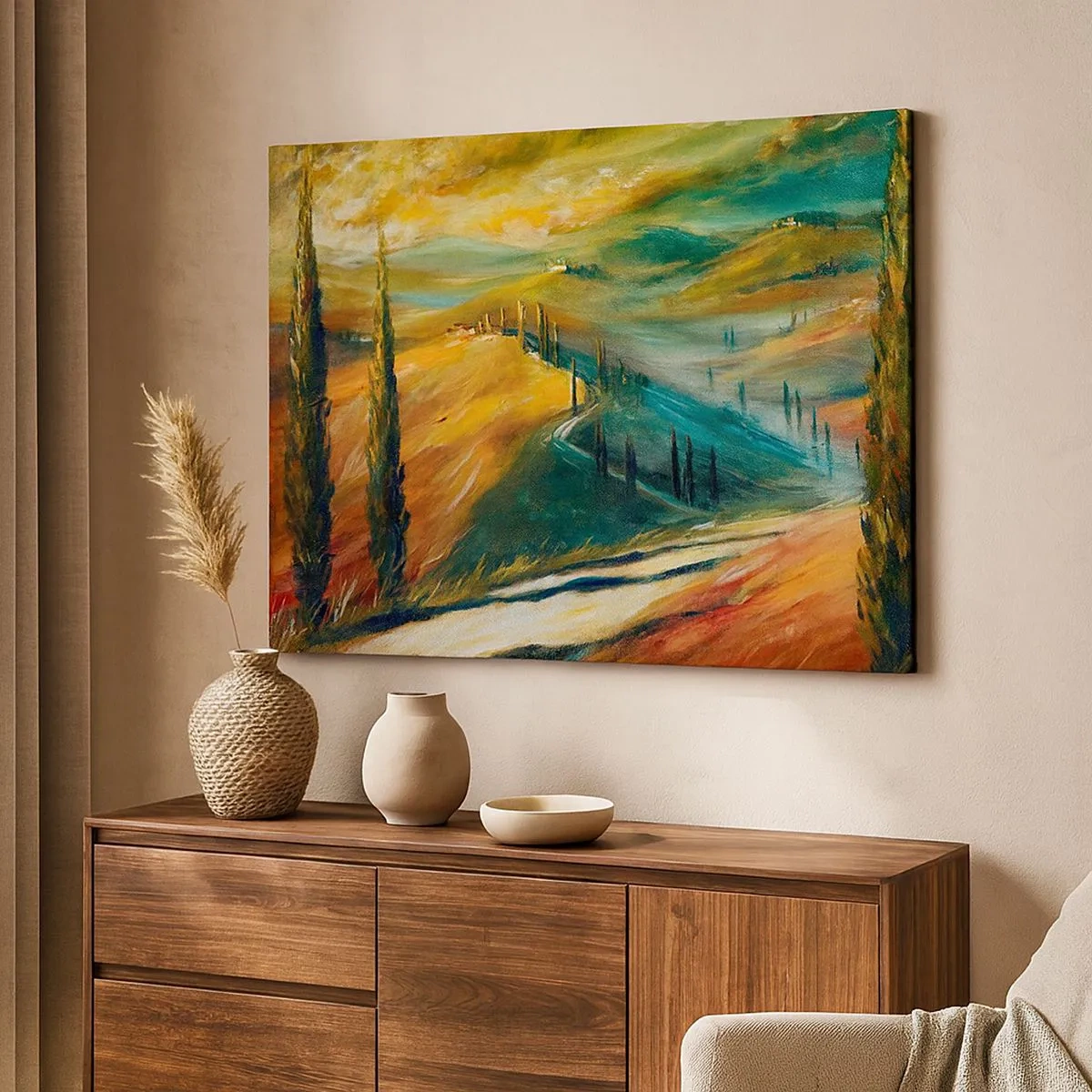 Schilderen op canvas - Toscaans landschap met velden, weg en cipressen - 70x50cm - Toscaans landschap - Moderne wanddecoratie voor woonkamer en slaapkamer ARTTOR