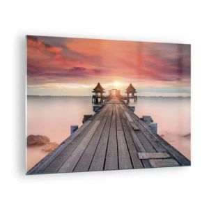 Schilderen op glas - Houten pier die naar de waterkantprieeltjes leidt bij zonsondergang - 70x50cm - West in het Oosten - Moderne wanddecoratie voor woonkamer en slaapkamer ARTTOR