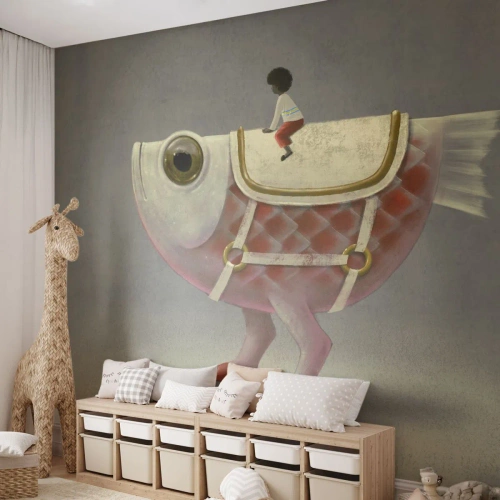 Fotobehang Premium Canvas - Ruiter op een surrealistische vis - Abstractie, Vis, Voor kinderen - 350x256 cm