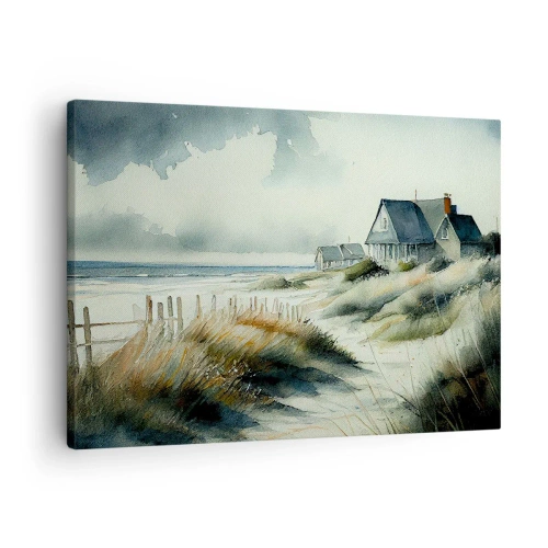 Schilderen op canvas - Een huis aan zee, omgeven door gras en met uitzicht op de zee - 70x50cm - Weg van de drukte - Moderne wanddecoratie voor woonkamer en slaapkamer ARTTOR