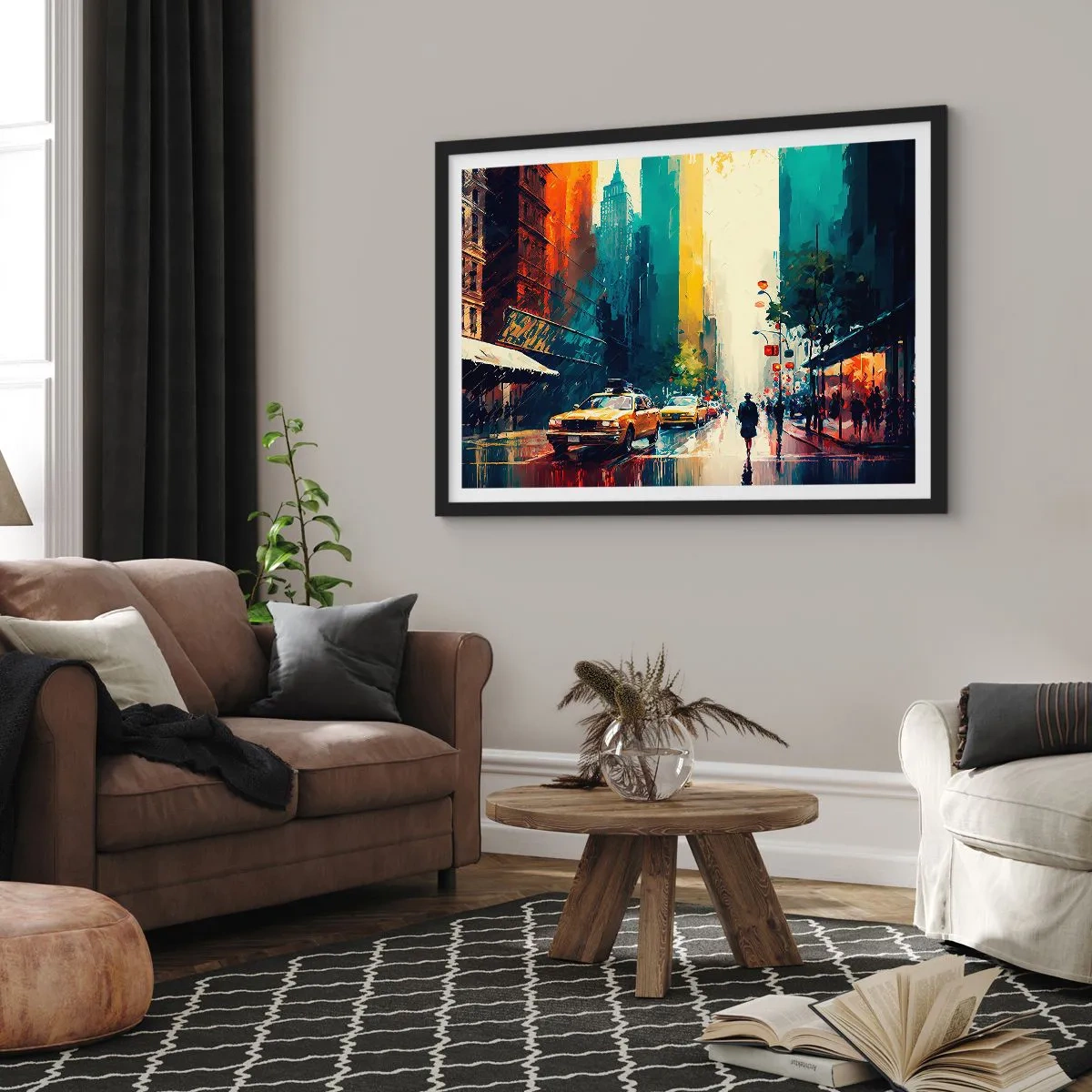 Poster in een zwarte lijst - New York – zelfs de regen is hier kleurrijk - 70x50 cm
