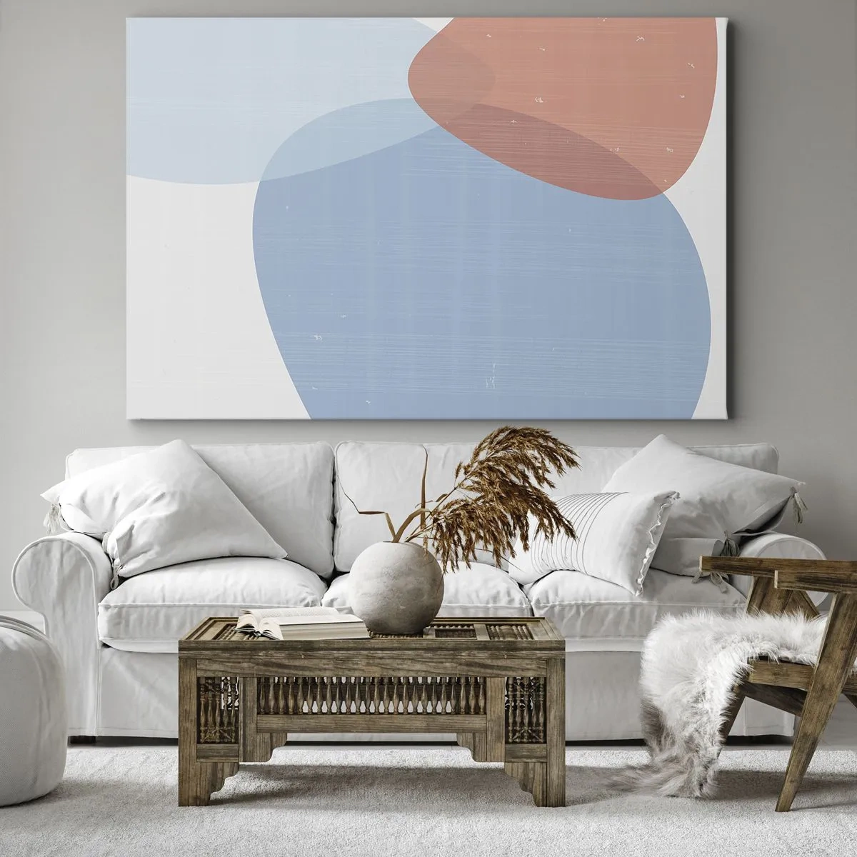 Schilderen op canvas - Een abstracte compositie in pasteltinten blauw en roze met organische vormen. - 70x50cm - Pastelkleurige relaties - Moderne wanddecoratie voor woonkamer en slaapkamer ARTTOR