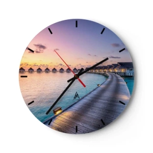 Wandklok - Klok - Een pad langs het strand met bungalows tegen de achtergrond van de ondergaande zon - 30x30cm - Vakantie - terug naar de bronnen - Moderne wanddecoratie voor woonkamer, keuken en slaapkamer ARTTOR