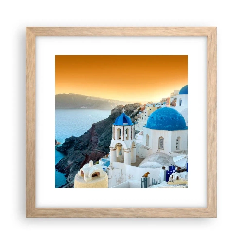 Een poster in een licht eiken lijst - Santorini - genesteld tegen de rotsen - 30x30 cm