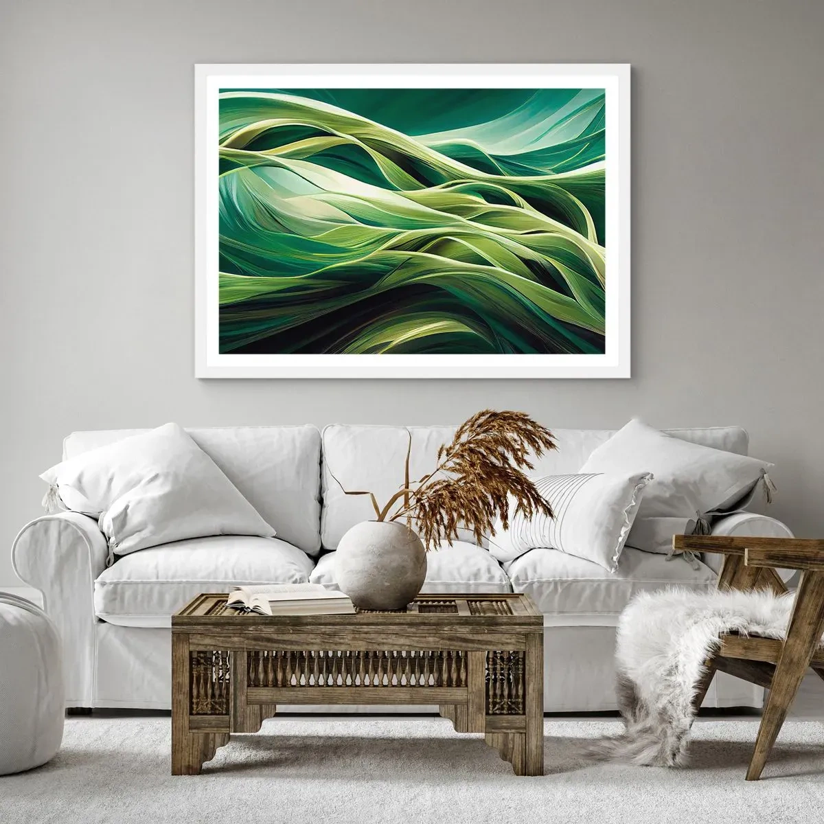 Poster in een witte lijst - Abstract groen spel - 100x70 cm