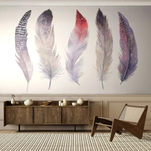 Fotobehang Premium Sand - Delicaat als veelkleurige mist - Vogelveer, Boho, Grafisch - 250x175 cm