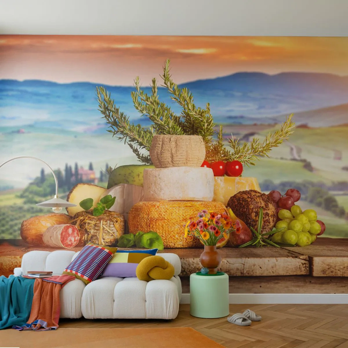 Fotobehang Premium Canvas - De Italiaanse levensvreugde - Toscane, Landschap, Heerlijke kazen - 250x175 cm