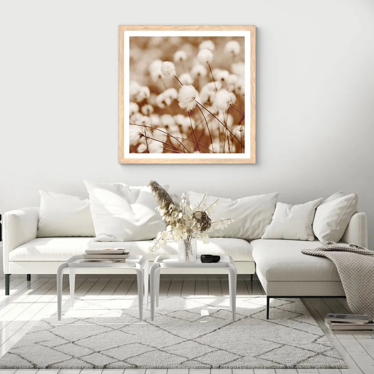 Een poster in een licht eiken lijst - Pluizig korenveld - 60x60 cm