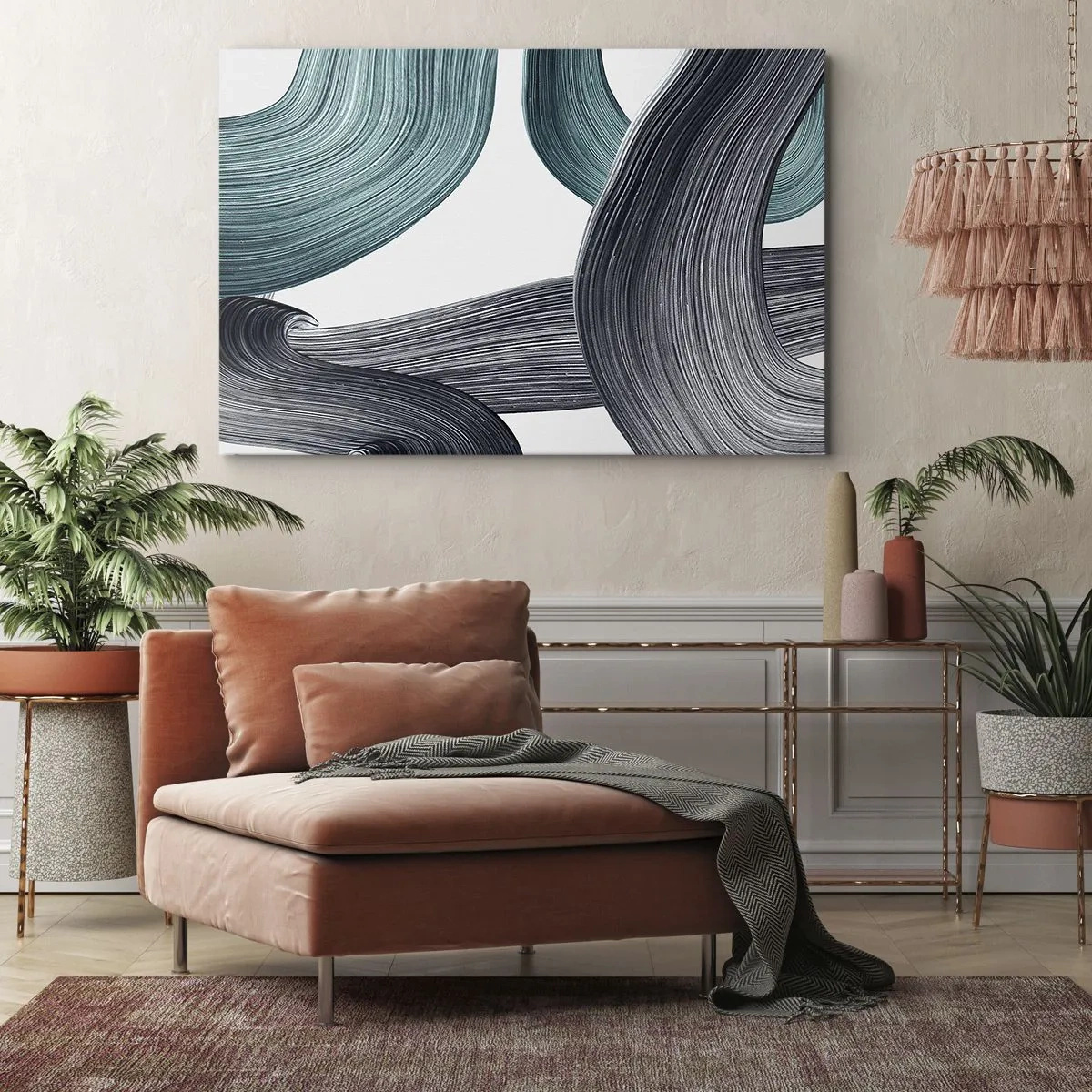 Schilderen op canvas - Vloeiende abstracte lijnen in tinten groen en grijs - 70x50cm - Smaragdgroene en zwarte paden - Moderne wanddecoratie voor woonkamer en slaapkamer ARTTOR
