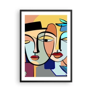 Poster in een zwarte lijst - Kleurrijke abstracte compositie van gezichten in kubistische stijl - 50x70cm - Picasso's randez-vous - Moderne wanddecoratie voor woonkamer en slaapkamer ARTTOR