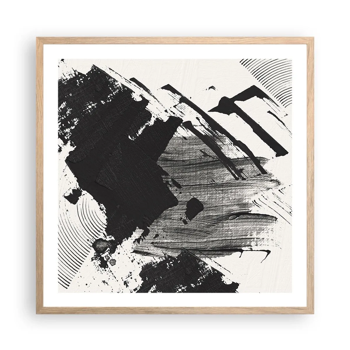 Een poster in een licht eiken lijst - Abstractie – expressie van zwart - 60x60 cm
