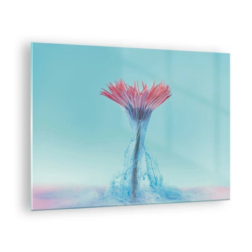 Schilderen op glas - Een fantasierijke bloem ondergedompeld in een blauwe en roze waas - 70x50cm - In een verkwikkende omhelzing - Moderne wanddecoratie voor woonkamer en slaapkamer ARTTOR