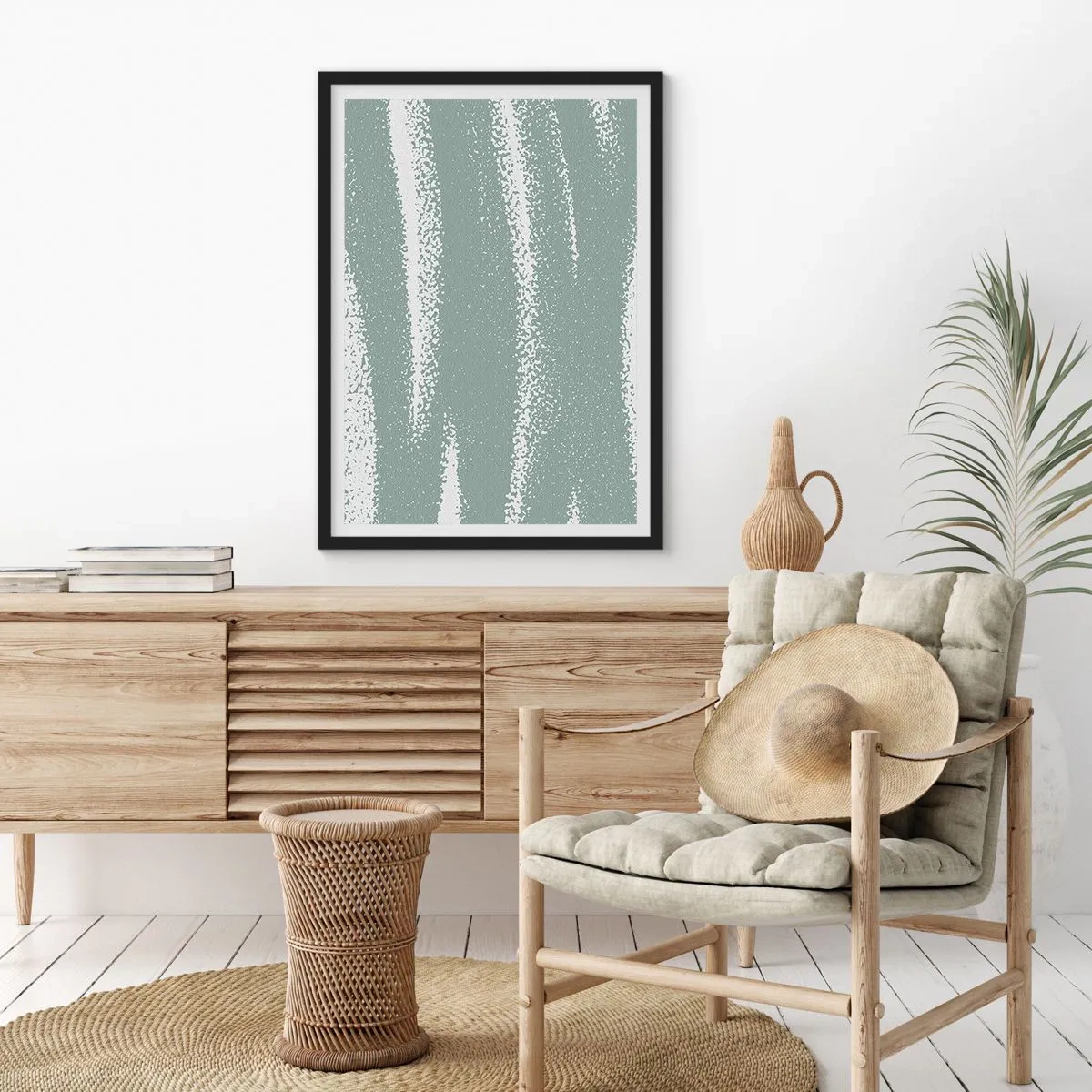 Poster in een zwarte lijst - Een minimalistische compositie in tinten groen en wit - 50x70cm - Abstractie in een winterklimaat - Moderne wanddecoratie voor woonkamer en slaapkamer ARTTOR