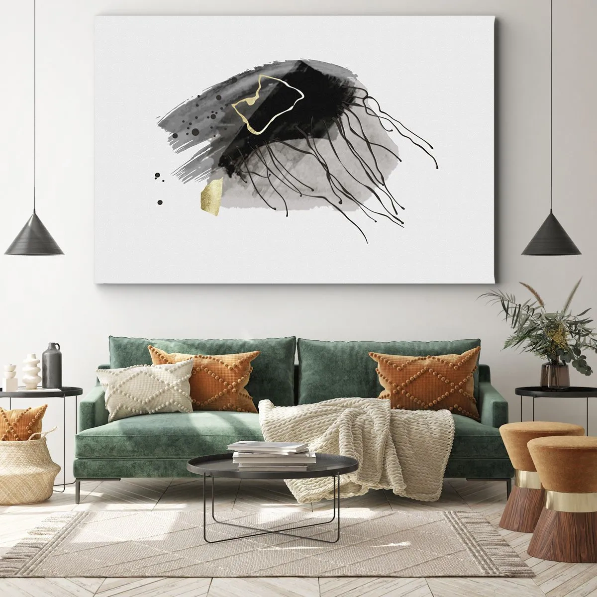 Schilderen op canvas - Een abstracte compositie met accenten van zwart en goud. - 70x50cm - In zwart en goud - Moderne wanddecoratie voor woonkamer en slaapkamer ARTTOR