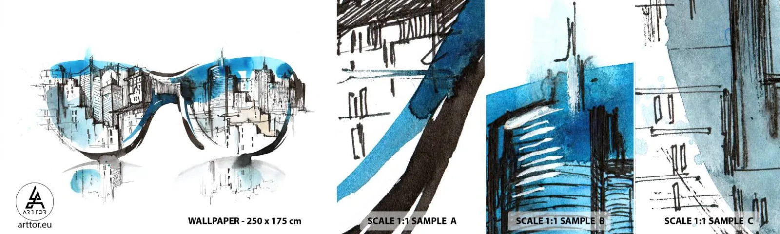 Fotobehang Monster Zelfklevend Deluxe Sticker - Chique van de grote stad - Abstractie, Bril, Architectuur - 100x30 cm