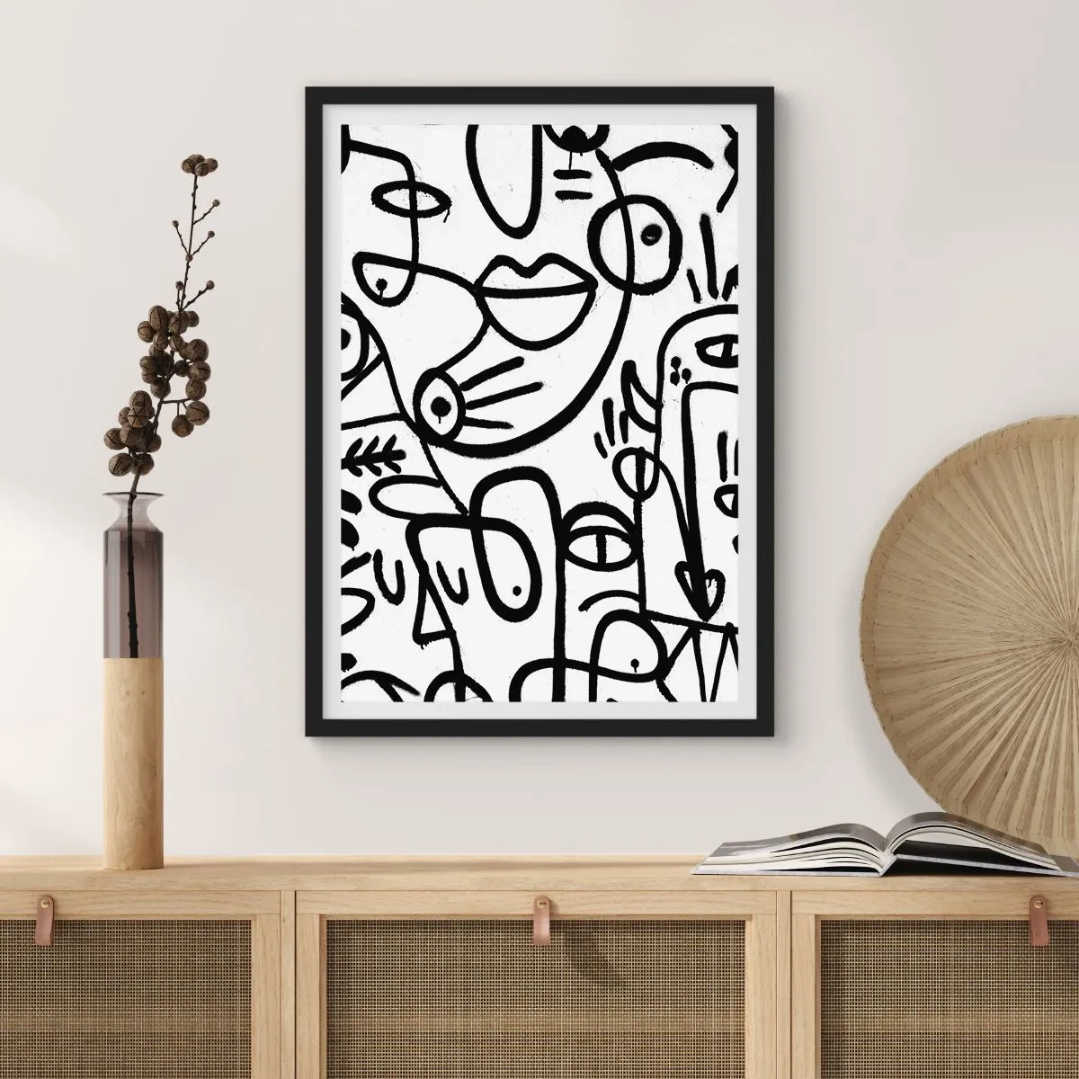 Poster in een zwarte lijst - Abstracte zwarte lijnen op een witte achtergrond - 50x70cm - Gezichten en luchtspiegelingen - Moderne wanddecoratie voor woonkamer en slaapkamer ARTTOR