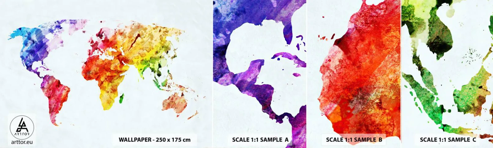 Fotobehang Monster Zelfklevend Deluxe Sticker - Alle kleuren van de wereld - Wereldkaart, Grafisch, Continenten - 100x30 cm