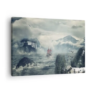 Schilderen op canvas - Een mysterieus landschap met een kasteel, bergen en een schip - 70x50cm - In magische wateren - Moderne wanddecoratie voor woonkamer en slaapkamer ARTTOR