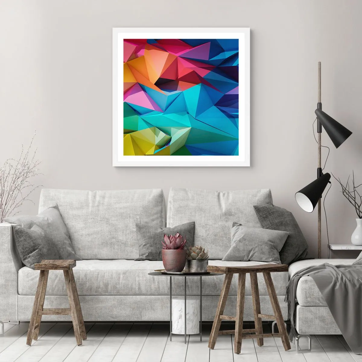 Poster in een witte lijst - Regenboog origami - 30x30 cm