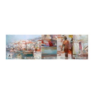Fotobehang Monster Premium Sand - Pastel vakantie - Havenstad, Architectuur, Vissersboot - 100x30 cm