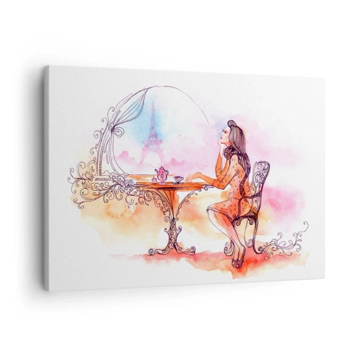 Schilderen op canvas - Romantische aquarel van een vrouw in een café met uitzicht op een toren - 70x50cm - Parijse chic - Moderne wanddecoratie voor woonkamer en slaapkamer ARTTOR