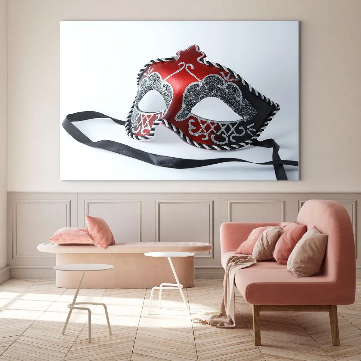 Schilderen op glas - Carnavalsmasker in rood en zilver - 70x50cm - Uitnodiging voor het bal - Moderne wanddecoratie voor woonkamer en slaapkamer ARTTOR