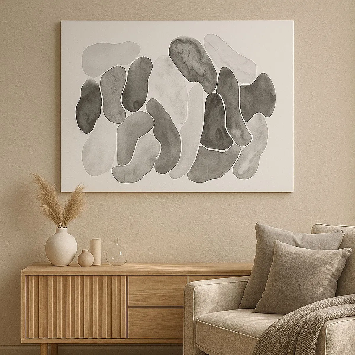 Schilderen op canvas - Zwart-wit abstractie met onregelmatige vlekken op een witte achtergrond - 70x50cm - Rotsachtige abstractie - Moderne wanddecoratie voor woonkamer en slaapkamer ARTTOR