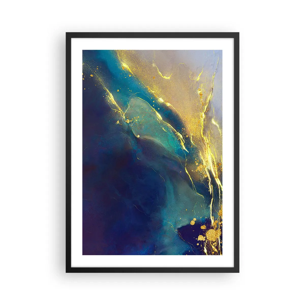 Poster in een zwarte lijst - Een abstracte compositie in tinten marineblauw en goud - 50x70cm - De gouden poel - Moderne wanddecoratie voor woonkamer en slaapkamer ARTTOR