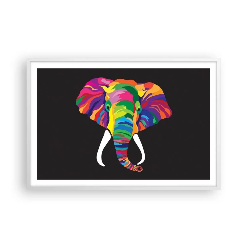Poster in een witte lijst - De olifant die ervan hield om in de regenboog te baden - 91x61 cm