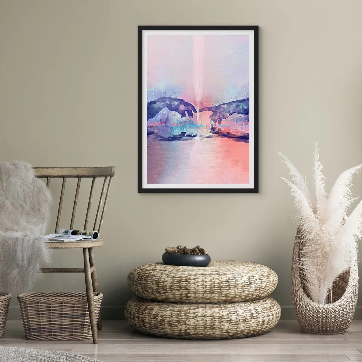 Poster in een zwarte lijst - Abstracte handen in pastelkleuren - 50x70cm - Goddelijke levensvonk - Moderne wanddecoratie voor woonkamer en slaapkamer ARTTOR