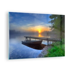 Schilderen op glas - Een boot bij de pier bij zonsopgang op het meer - 70x50cm - Hoe gewoon verandert in magie - Moderne wanddecoratie voor woonkamer en slaapkamer ARTTOR
