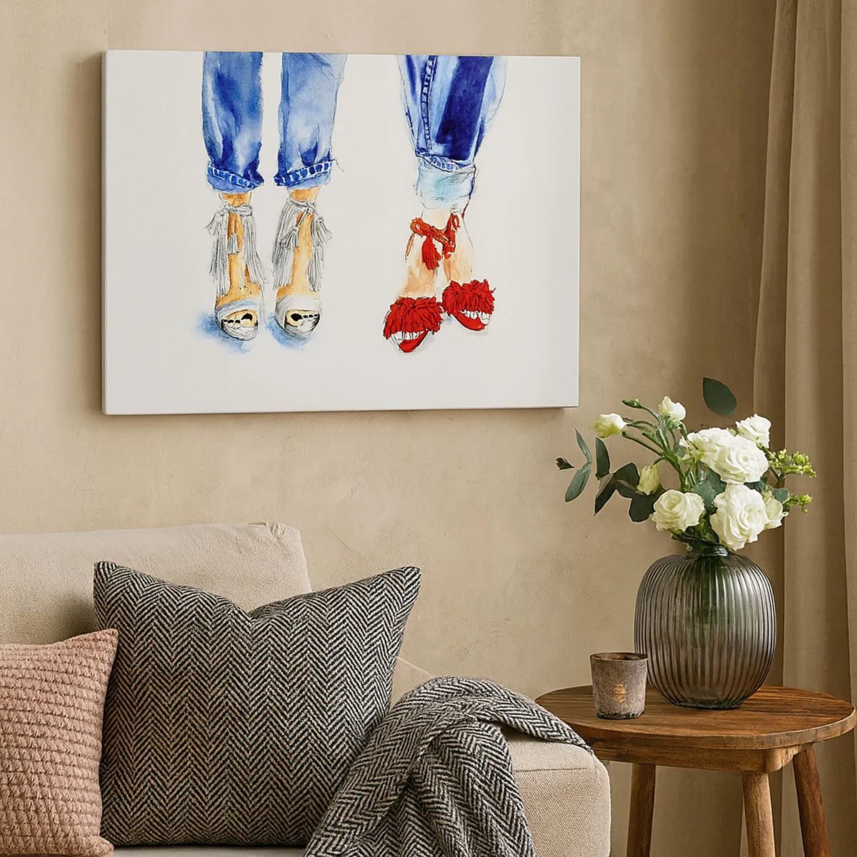 Schilderen op canvas - Illustratie van twee paar schoenen in stijlvolle sandalen en jeans - 70x50cm - Misschien gaan we wandelen? - Moderne wanddecoratie voor woonkamer en slaapkamer ARTTOR