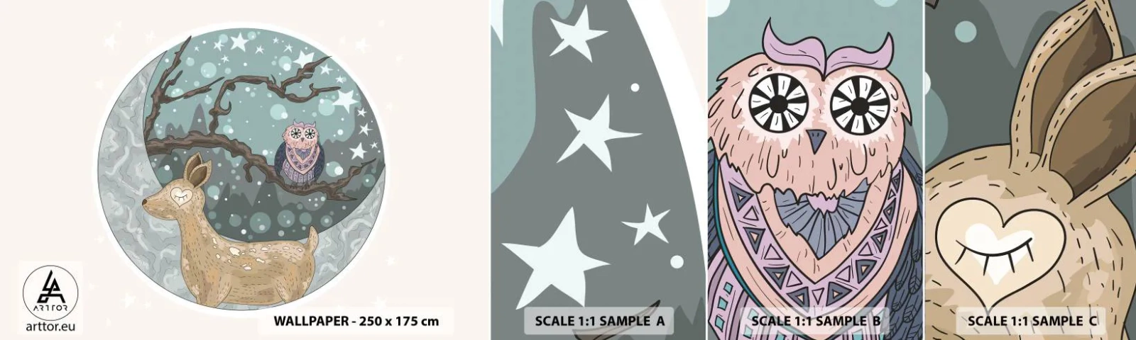 Fotobehang Monster Zelfklevend Deluxe Sticker - Een sprookjesachtige bosnacht - Voor kinderen, Grafisch, Sterren - 100x30 cm