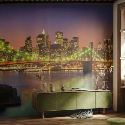 Fotobehang op maat Premium Sand - Het licht gaat hier nooit uit - Stad, New York, Brooklyn Bridge