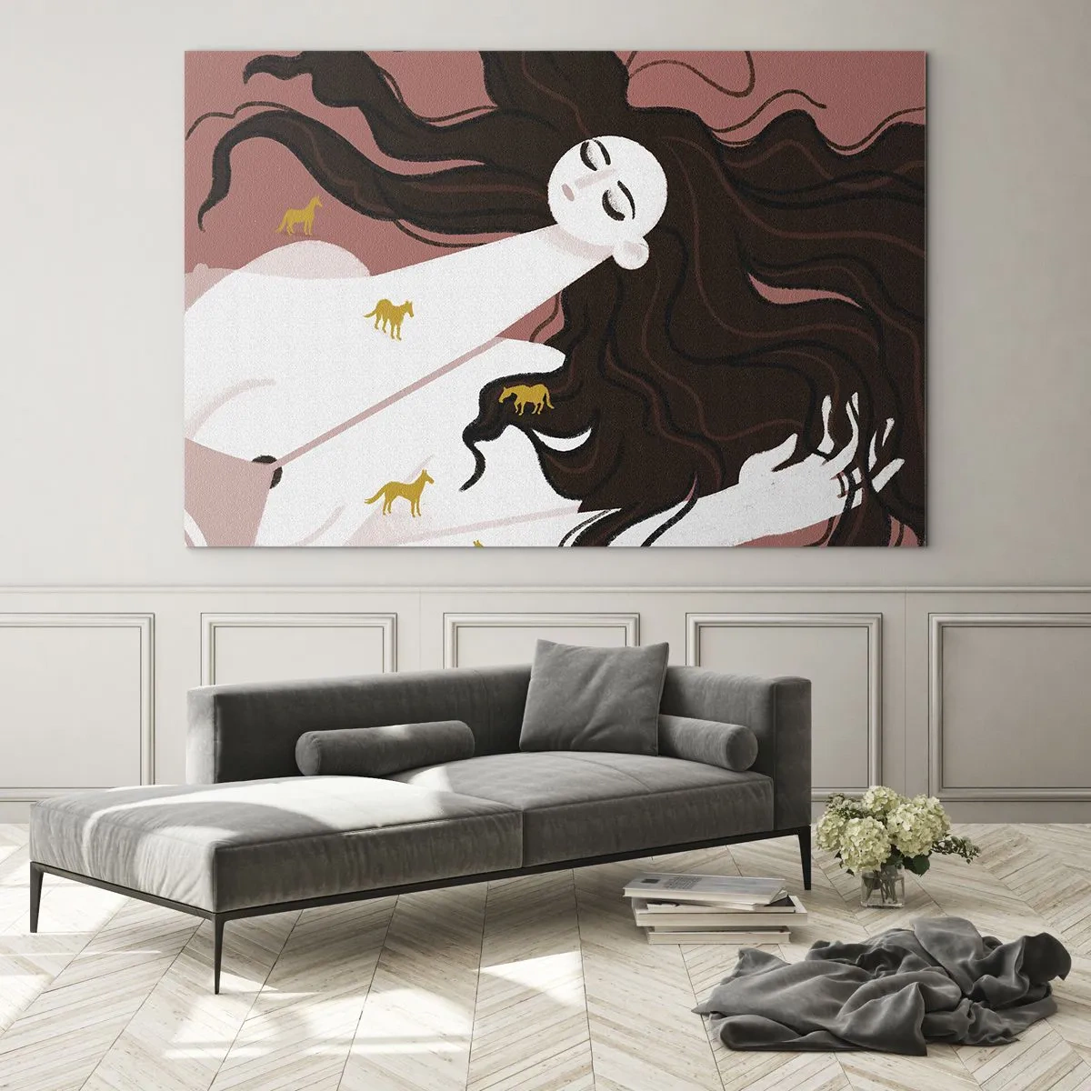 Schilderen op glas - Een vrouw met lang haar en gouden paarden op een roze achtergrond. - 70x50cm - Droom over een gouden paard - Moderne wanddecoratie voor woonkamer en slaapkamer ARTTOR