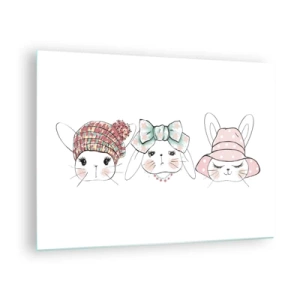 Schilderen op glas - Schattige konijntjes met hoedjes en strikjes - 70x50cm - Peinzend, verdrietig, tevreden - Moderne wanddecoratie voor woonkamer en slaapkamer ARTTOR