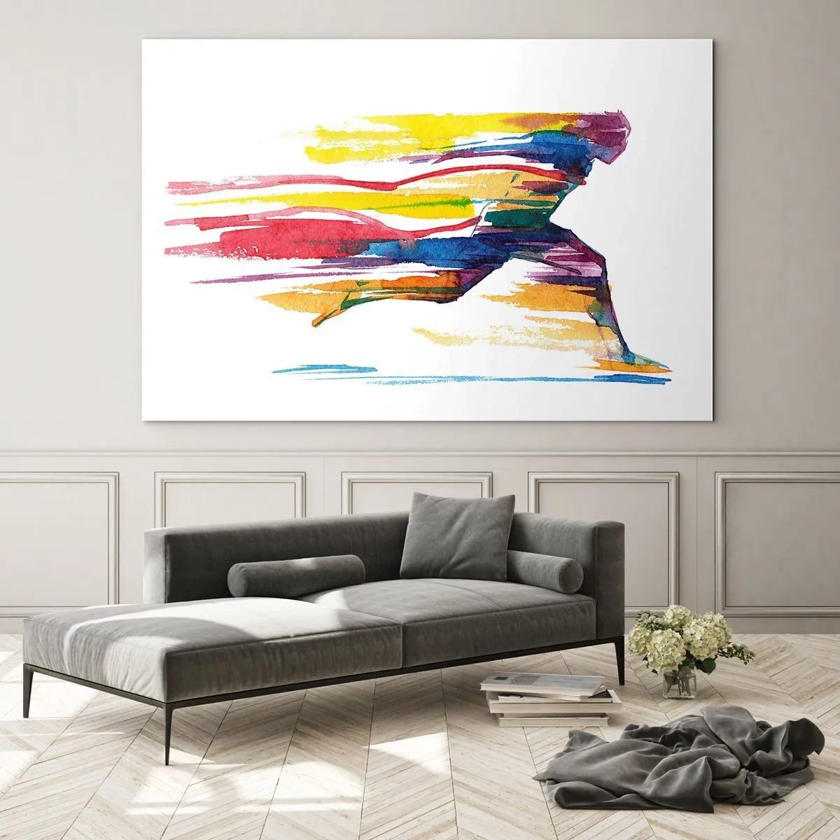 Schilderen op glas - Abstract silhouet van een hardloper in dynamische kleuren - 70x50cm - Rennend over de regenboog - Moderne wanddecoratie voor woonkamer en slaapkamer ARTTOR
