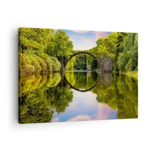 Schilderen op canvas - Een stenen brug over een rivier met een perfecte weerspiegeling in het water - 70x50cm - Op de kruising van twee werelden - Moderne wanddecoratie voor woonkamer en slaapkamer ARTTOR