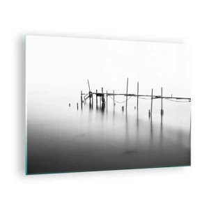 Schilderen op glas - Een zwart-witte steiger op een kalm wateroppervlak - 70x50cm - Wat als er geen wereld is? - Moderne wanddecoratie voor woonkamer en slaapkamer ARTTOR