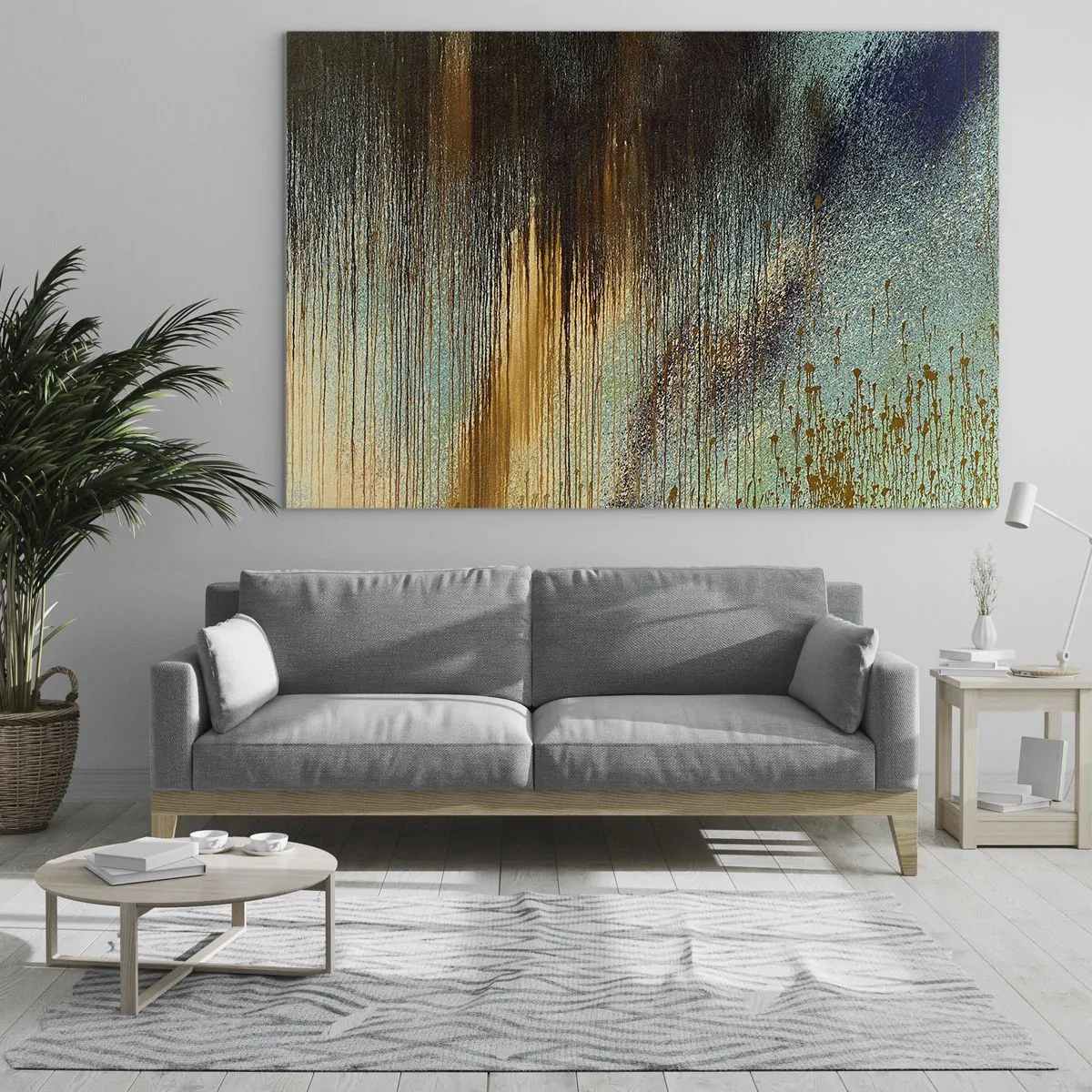 Schilderen op glas - Abstracte lijnen en vlekken in goud, blauw en zwart - 70x50cm - Een niet toevallig kleurrijke compositie - Moderne wanddecoratie voor woonkamer en slaapkamer ARTTOR