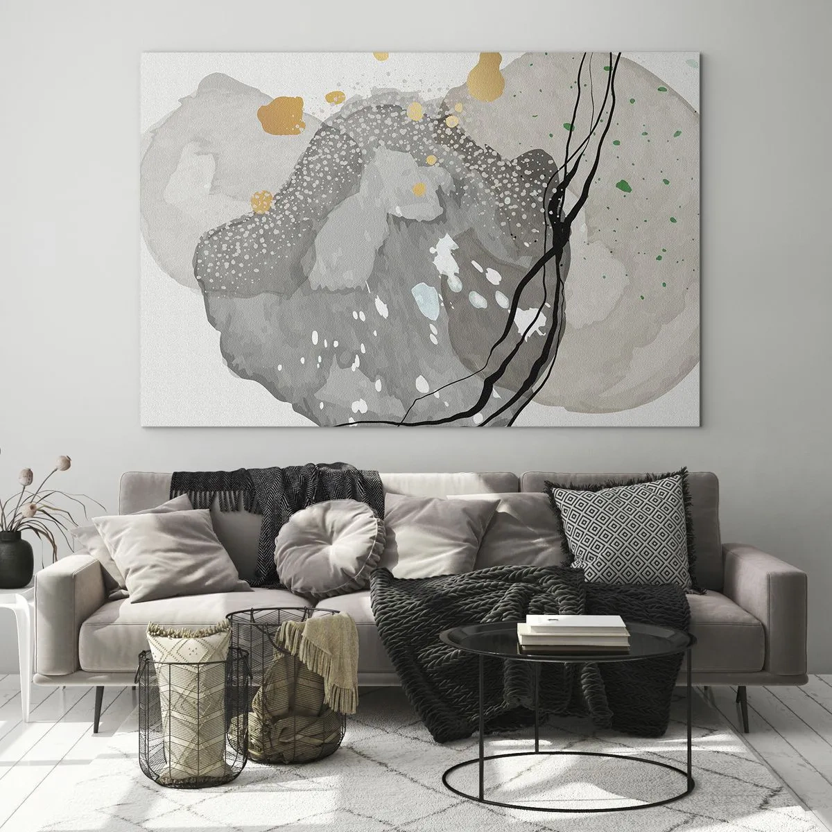 Schilderen op glas - Organische vormen en vlekken in gedempte kleuren met details - 70x50cm - Organische compositie - Moderne wanddecoratie voor woonkamer en slaapkamer ARTTOR