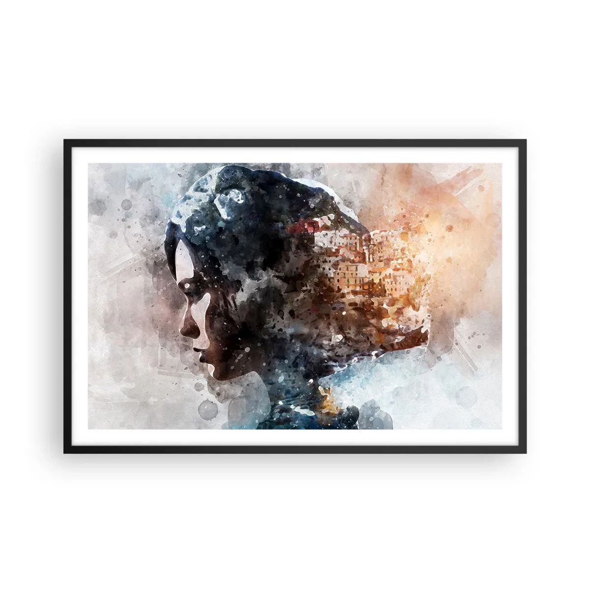 Poster in een zwarte lijst - Een verhaal over een meisje met een stad op de achtergrond - 91x61 cm