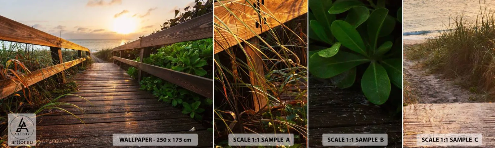 Fotobehang Monster Zelfklevend Deluxe Sticker - En direct naar de kust - Landschap, Zee, Houten brug - 100x30 cm