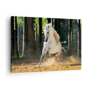 Schilderen op canvas - Een wit paard galoppeert door een open plek in het bos - 70x50cm - Zoals uit een fantasieroman - Moderne wanddecoratie voor woonkamer en slaapkamer ARTTOR