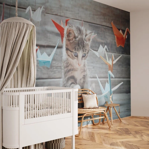 Fotobehang Premium Canvas - Eerste les - Dieren, Kat, Origami - 400x280 cm