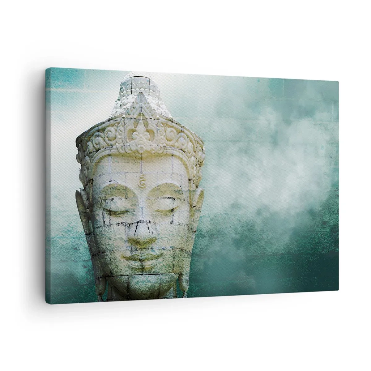 Schilderen op canvas - Boeddhabeeld met een zachte mist tegen een groene achtergrond - 70x50cm - Op zoek naar het licht - Moderne wanddecoratie voor woonkamer en slaapkamer ARTTOR