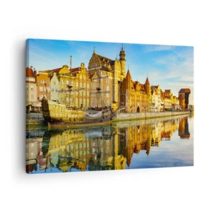 Schilderen op canvas - Een schilderachtig uitzicht op de oude stad met een zeilschip en water - 70x50cm - Een spiegelbeeld van het verleden - Moderne wanddecoratie voor woonkamer en slaapkamer ARTTOR